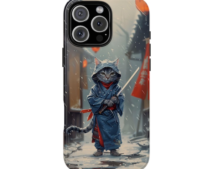 Gray Ninja Cat Samurai Sword Phone Case: iPhone, Galaxy, Pixel - Lifetime Warranty - Wireless Charging