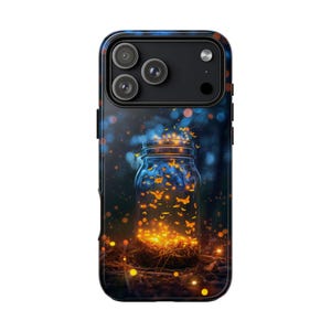 May include: A smartphone case featuring a dark blue background with a glass jar filled with glowing orange butterflies and light particles. The design includes a triple camera lens array at the top and a dark frame surrounding the rectangular device.