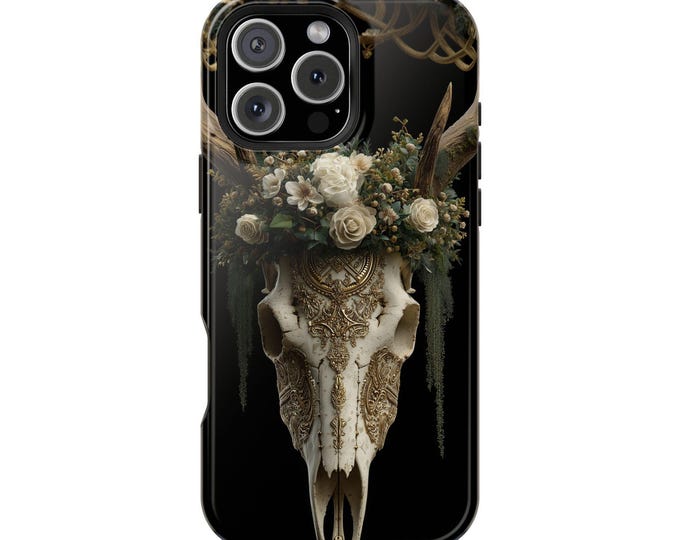 Ornate Deer Skull White Roses Phone Case: iPhone, Galaxy, Pixel - Lifetime Warranty