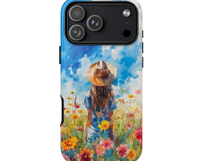 Girl in Flower Field Blue Skies Summer Phone Case: iPhone, Galaxy, Pixel - Lifetime Warranty