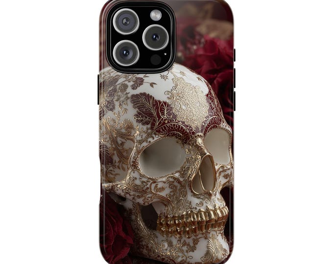 Skull Gold White Porcelain Red Accent Phone Case: iPhone, Galaxy, Pixel - Lifetime Warranty