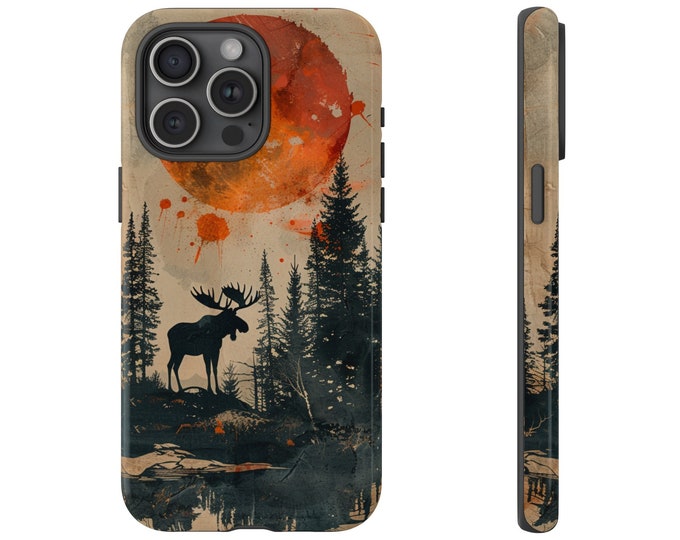 Moose Forest Blood Orange Moon Phone Case: iPhone, Galaxy, Pixel - Lifetime Warranty