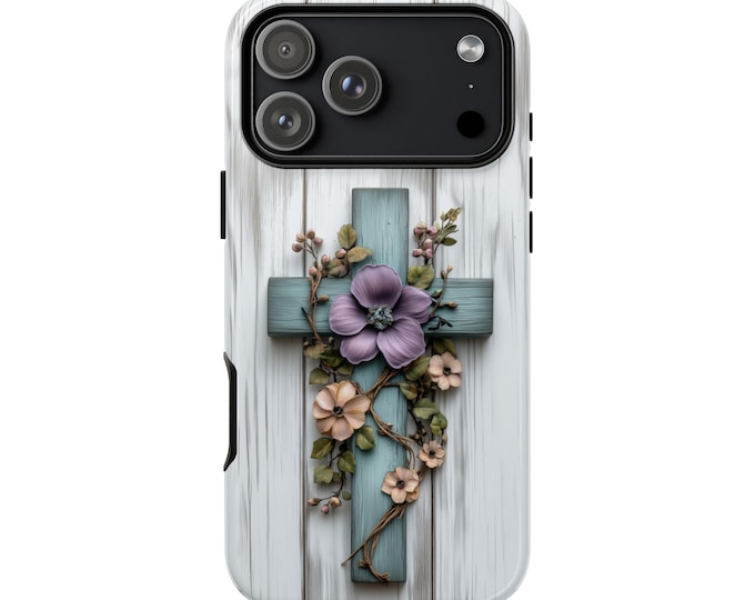 Teal Wooden Cross Christian Faith Flower Phone Case for iPhone, Galaxy, Pixel - Lifetime Warranty