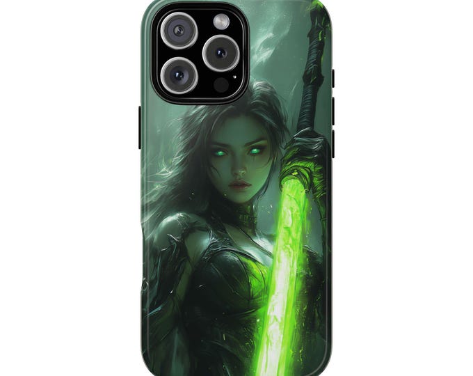 Neon Green Sword Girl Warrior Huntress Phone Case: iPhone, Galaxy, Pixel - Lifetime Warranty