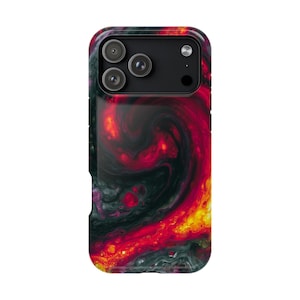 May include: A smartphone case featuring a vibrant abstract design with swirling patterns of deep black, intense red, and bright yellow. The back of the case displays a fluid, marbled texture that resembles liquid paint, surrounding the camera module.
