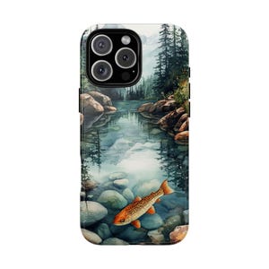 Watercolor Mountain Fishing Stream Trout Fish - Impact Phone Case for iPhone Magsafe Compatible | Galaxy | Pixel