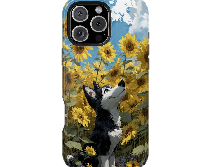 Husky Pup Sunflowers Cute Cartoon Phone Case: iPhone, Galaxy, Pixel - Lifetime Warranty