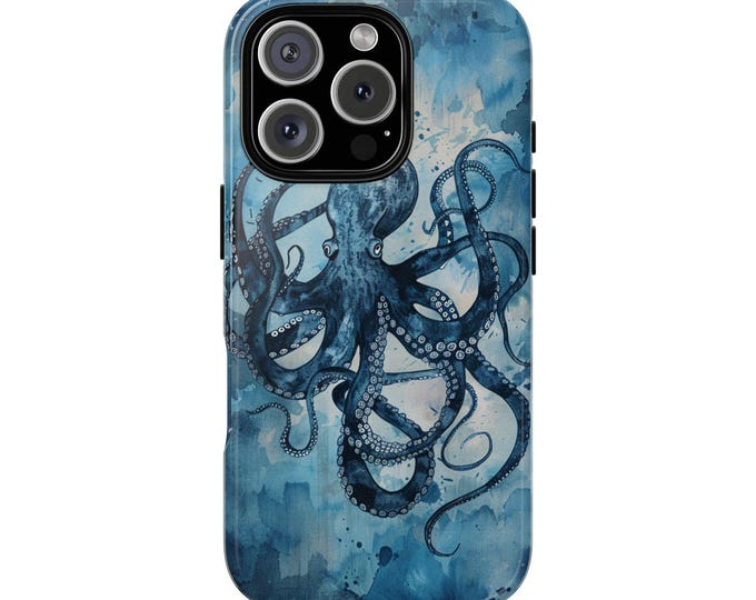 Azure Octopus Blue Ocean Depths Watercolor Phone Cover Case for iPhone 16 15 14 13 12 11, Samsung Galaxy, Google Pixel
