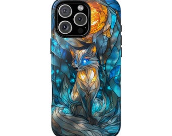 Arctic Fox Stained Glass Azure Blue Design Phone Case for iPhone 17 Pro Max 16 15 14 13 12 11, Samsung Galaxy S25 S24 S23 S22, Pixel