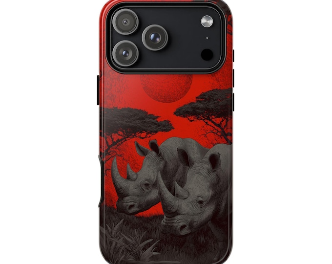 Rhino Safari Crimson Red Sun Phone Case: iPhone, Galaxy, Pixel - Lifetime Warranty