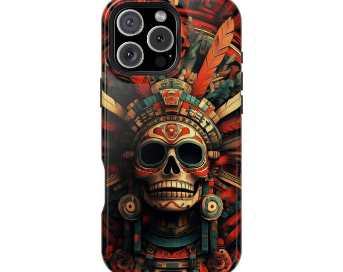 Aztec Skull Feather Headdress Artwork Phone Case: iPhone, Galaxy, Pixel - Lifetime Warranty