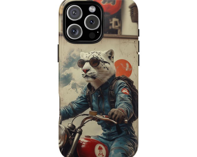 Snow Leopard Cafe Racer Motorcycle Phone Case: iPhone, Galaxy, Pixel - Lifetime Warranty