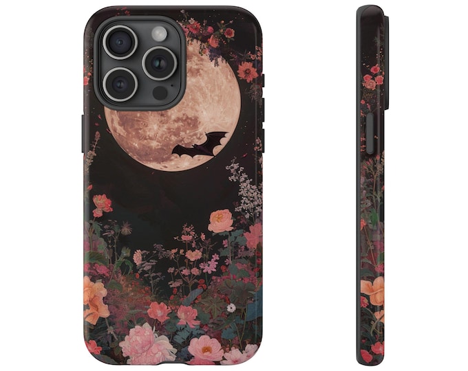 Full Moon Lunar Flowers Dark Bat Cover Phone Case: iPhone, Galaxy, Pixel - Lifetime Warranty