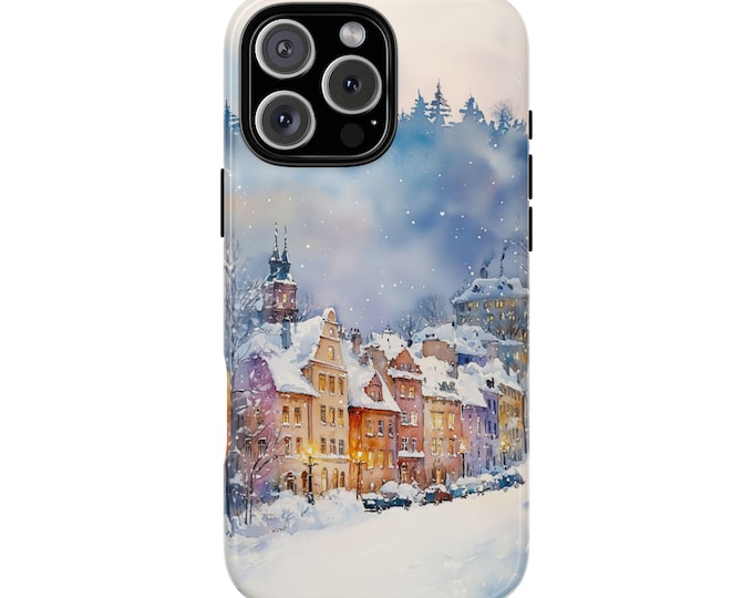 Watercolor Winter Town Snow Village Phone Case: iPhone, Galaxy, Pixel - Lifetime Warranty