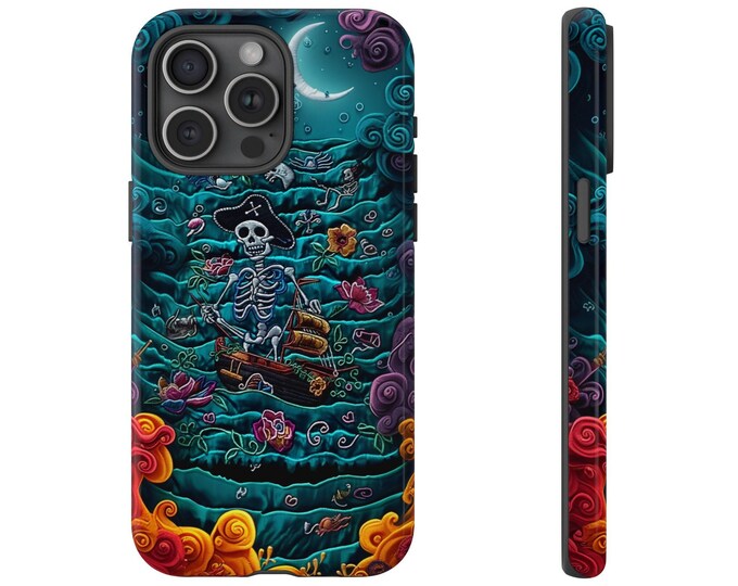 Embroidered Pirate Skeleton Phone Case - Pirate Ship Ghosts Phone Cover - Pirate Floral Skull Phone Case - iPhone, Pixel, Samsung Galaxy
