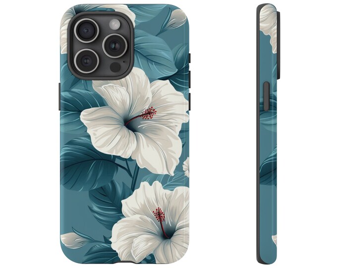 White Tropical Hawaii Hibiscus Flowers on Sky Blue Phone Case: iPhone, Galaxy, Pixel - Lifetime Warranty