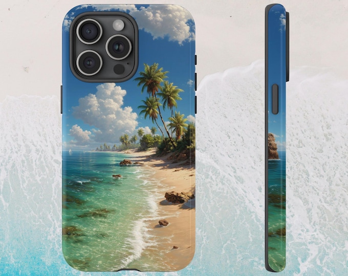 Tropical Paradise Sandy Beach Ocean Palm Tree Sea Art Phone Case - iPhone 17 Pro Max 16 15 14 13 12, Samsung Galaxy S25 S24 S23, Pixel