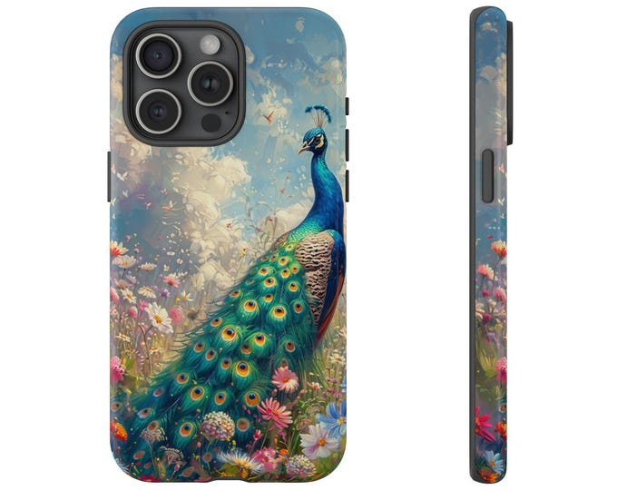 Turquoise Peacock Phone Case, Wildflower Floral Cover, Bird Feather Flowers Design | Protector Phone Case for iPhone, Samsung Galaxy, Pixel