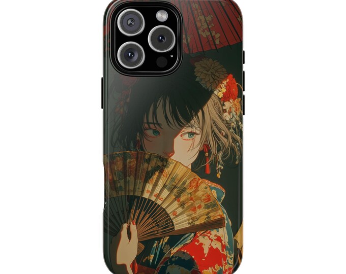 Kimono Fan Twilight Elegance Girl Phone Case: iPhone, Galaxy, Pixel - MagSafe Compatible