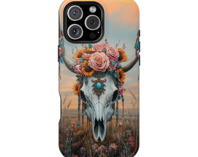 Chic Cow Skull Rose Sunflowers Turquoise Phone Case: iPhone, Galaxy, Pixel - Lifetime Warranty