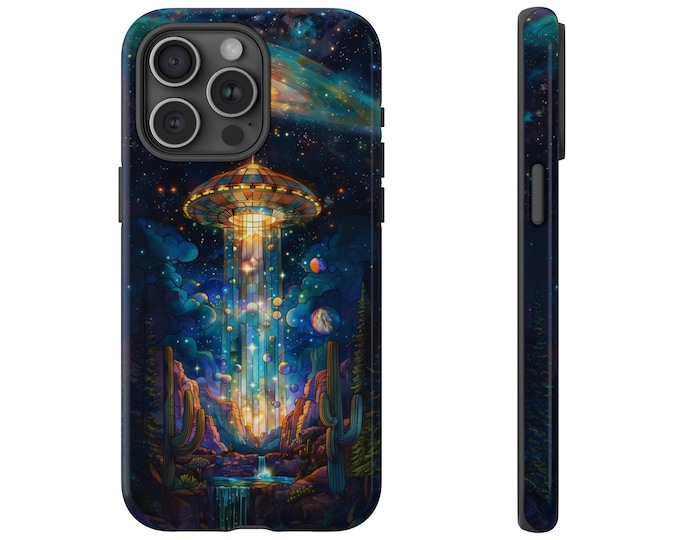 UFO Desert Abduction Stained Glass Phone Case: iPhone, Galaxy, Pixel - Lifetime Warranty