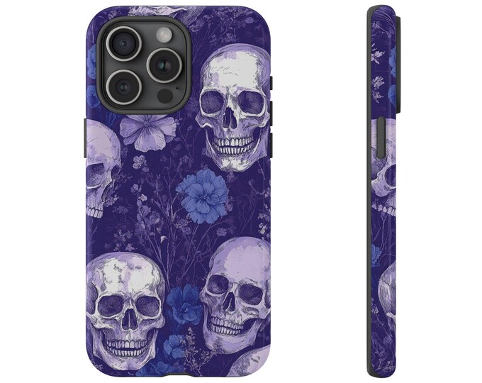 Midnight Skull Purple Flowers Phone Case: iPhone, Galaxy, Pixel - Magsafe Wireless Charging