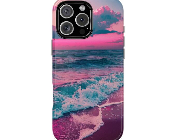 Neon Ocean Sunset Pink Teal Beach Waves Tranquil Phone Case: iPhone, Galaxy, Pixel - Lifetime Warranty