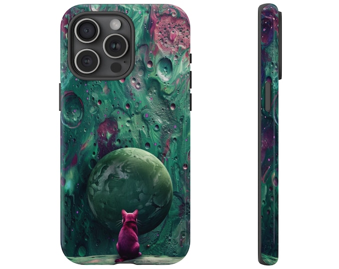 Violet Cat Green Planet Surface Phone Case: iPhone, Galaxy, Pixel - Lifetime Warranty