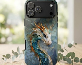 Teal Dragon Blue Stained Glass Fantasy Phone Case • Original Artwork • Heavy Duty Protection • Tech Gift • Lifetime Warranty