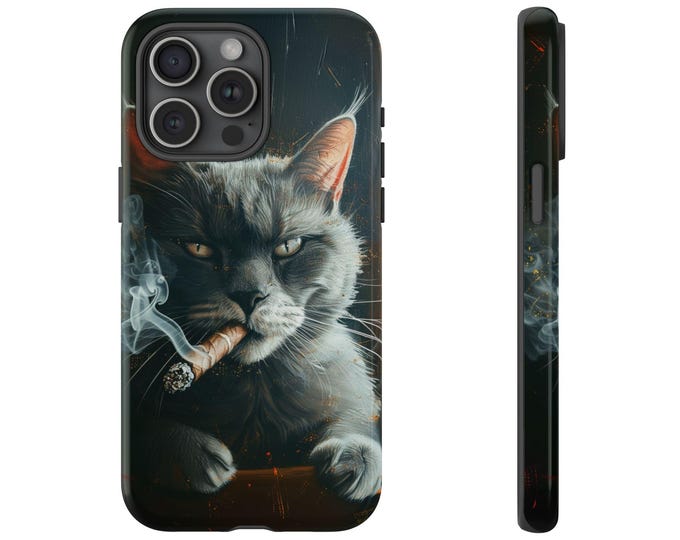 Gray Cat Smoking Cigar Cover Phone Case Phone Case: iPhone, Galaxy, Pixel - Lifetime Warranty