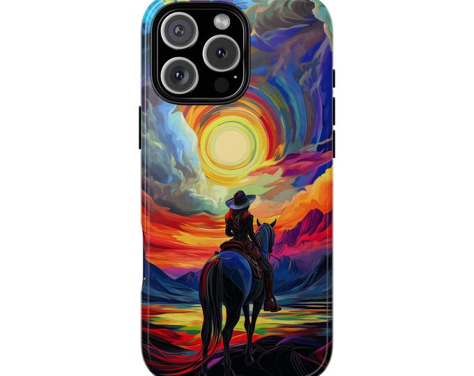 Cowgirl Journey Sunset Colorful Sky Design Phone Case: iPhone, Galaxy, Pixel - Lifetime Warranty