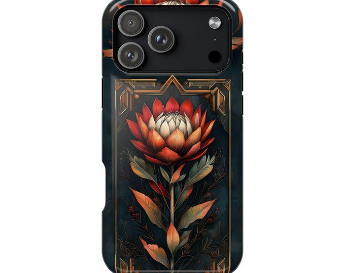 Protea Flower Golden Frame Red Floral Phone Case | Wireless Charging | Lifetime Warranty | iPhone 17 | Galaxy S25 | Pixel 10
