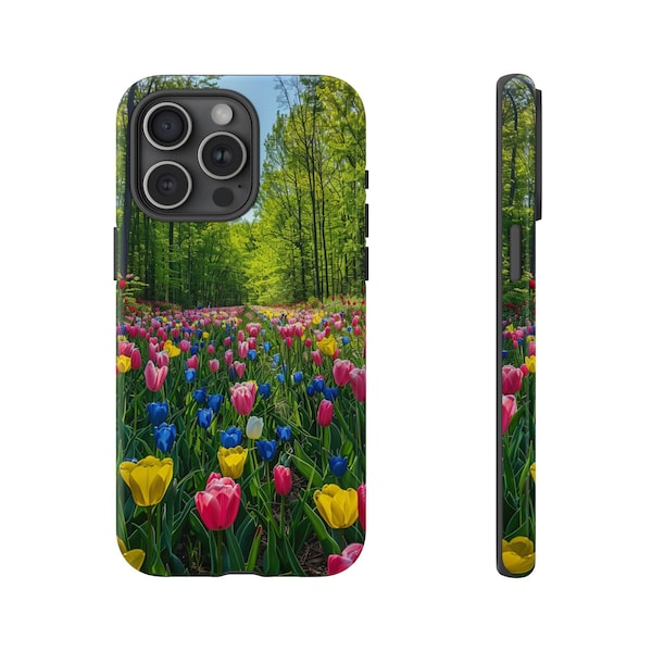 Phone Case for Galaxy S24 S23 S22, iPhone 15 14 13 12 11, Pixel 8 7 - Forest Tulip Meadow Vibrant Floral Bliss Under Blue Skies - Gift Ideas