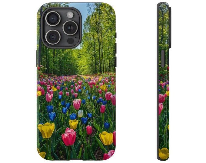 Phone Case for Galaxy S25 S24 S22, iPhone 15 14 13 12 11, Pixel - Forest Tulip Meadow Vibrant Floral Bliss Under Blue Skies - Gift Ideas