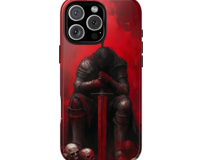 Knight Fallen Warrior Skulls Crimson Red Phone Case: Tough Cover for iPhone (MagSafe Compatible), Samsung Galaxy, Pixel