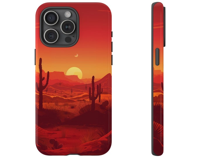 Phone Case for Galaxy, iPhone, Pixel | Desert Glow: Radiant Sunset Mountains and Cactus Design | Dual Layer Tough Cover Protector