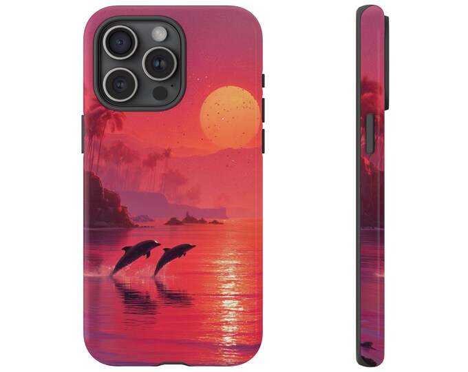 Dolphins Sunset Pink Orange Ocean Sea Coral Sun Phone Case: iPhone, Galaxy, Pixel - Lifetime Warranty