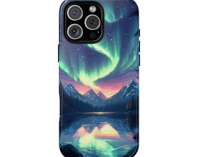 Aurora Borealis Snow Mountain Lake Pines Phone Case: iPhone, Galaxy, Pixel - Lifetime Warranty