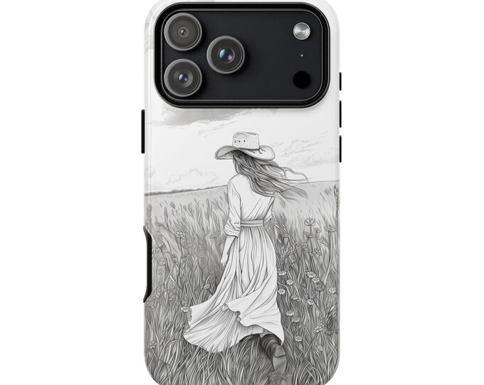 Cowgirl Woman Wildflower Field Drawing Phone Case: iPhone, Galaxy, Pixel - Lifetime Warranty