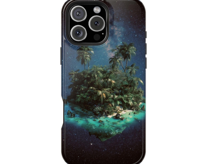 Tropical Island Floating Outer Space Phone Case: iPhone, Galaxy, Pixel - Lifetime Warranty