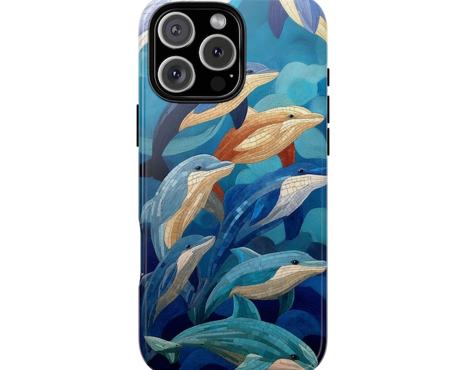 Dolphin Mosaic Deep Ocean Blue Dolphins Art Phone Case: iPhone, Galaxy, Pixel - MagSafe Compatible