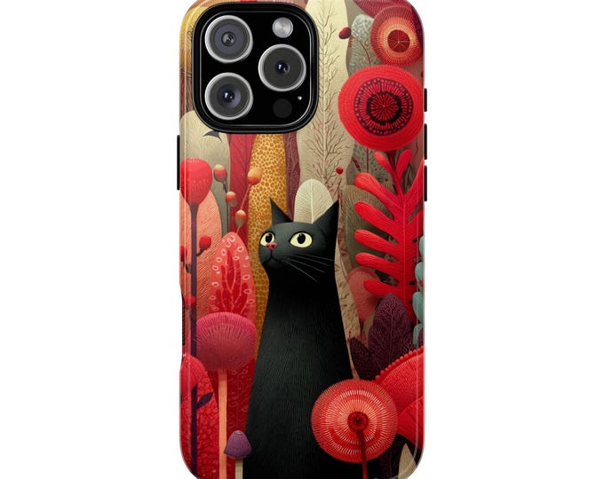 Black Kitty Cat Abstract Red Floral Artwork Phone Case: iPhone, Galaxy, Pixel - MagSafe Compatible