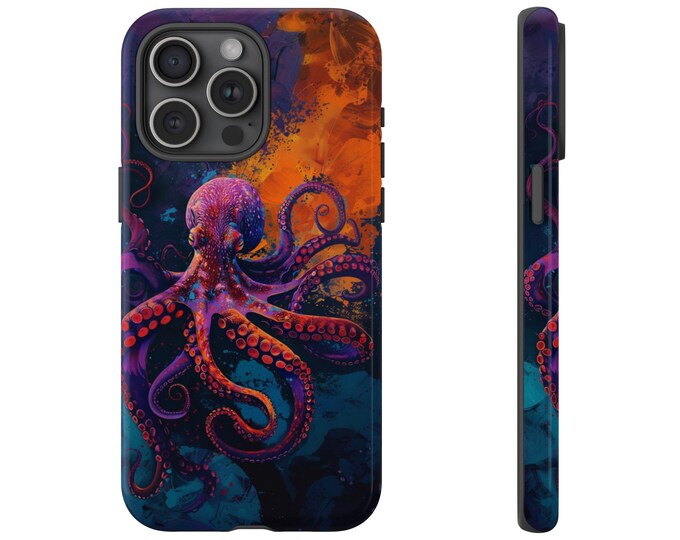 Phone Case for Galaxy, iPhone, Pixel | Spectral Octopus Cephalopod Abstract Art with Orange and Purple Spectrum | Dual Layer Tough Cover