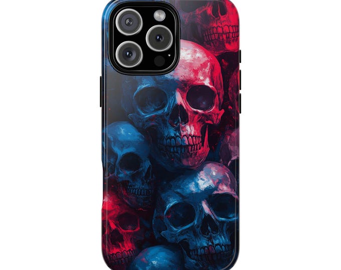 Red Blue Skulls Dark Synth Wave Phone Case: iPhone, Galaxy, Pixel - Lifetime Warranty