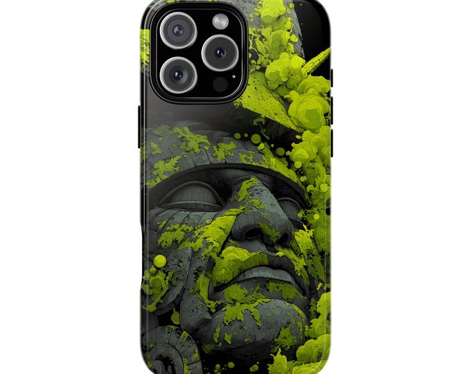 Aztec Stone Statue Mayan Carving Neon Green Phone Case: iPhone, Galaxy, Pixel - Lifetime Warranty