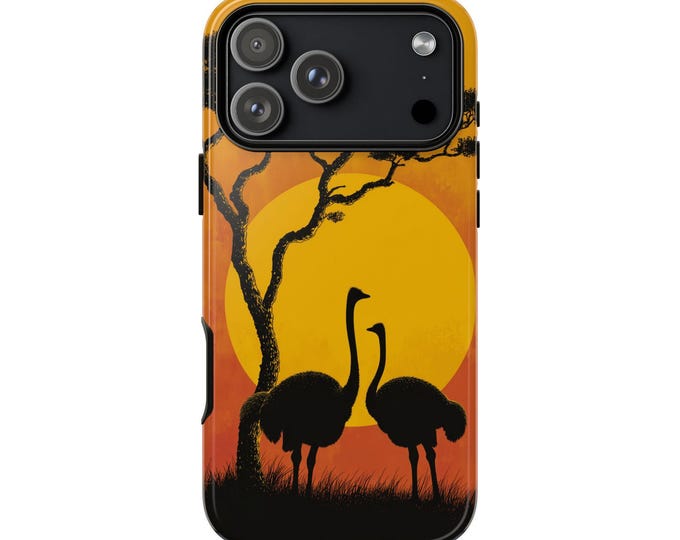Ostrich Safari Orange Sunset Phone Case: iPhone, Galaxy, Pixel - Lifetime Warranty