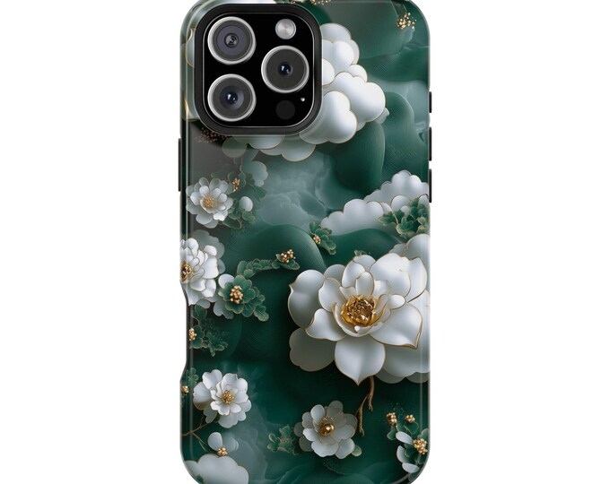 White Flower Clouds Jade Green Floral Phone Case: iPhone, Galaxy, Pixel - Lifetime Warranty