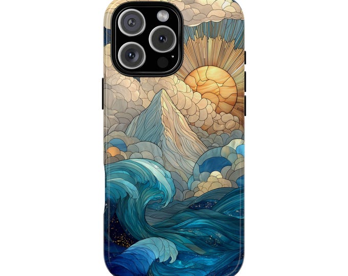Blue Ocean Waves Mountain Stained Glass Phone Case: Tough Cover for iPhone (MagSafe Compatible), Samsung Galaxy, Pixel