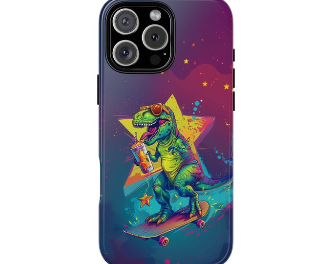 T-Rex Skateboarding Dinosaur Slurpee Phone Case: iPhone, Galaxy, Pixel - Lifetime Warranty