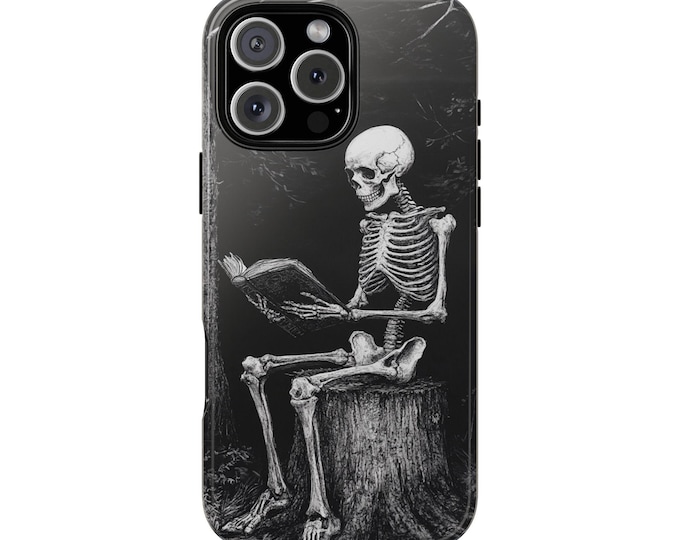 Skeleton Reading Book Woods Tree Trunk Phone Case: iPhone, Galaxy, Pixel - Lifetime Warranty
